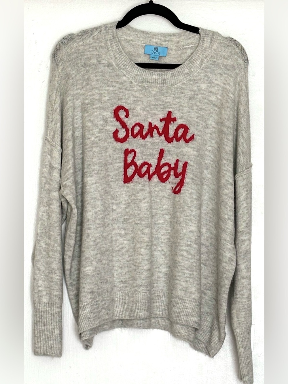 CeCe “Santa Baby” Script Crewneck Long Sleeve Sweater Gray Size L - Picture 2 of 5
